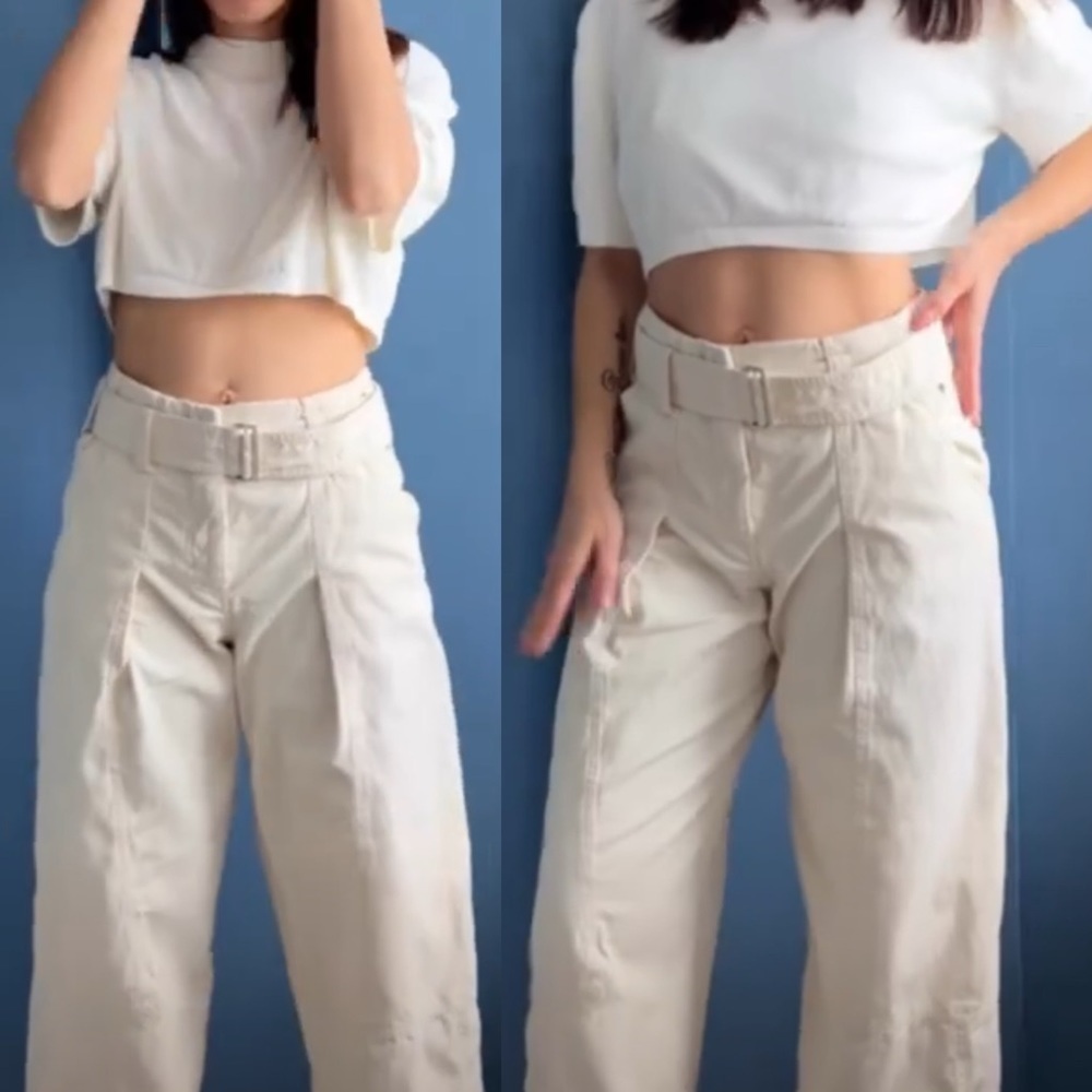 Zara Women Oyster White Bloggers‎ Fav High-Rise Belted Cotton Loose Pants Sz L